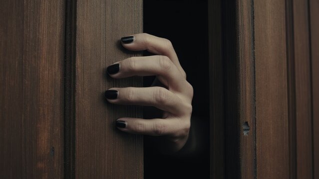 Hand Reaching Through Wooden Door with Dark Background