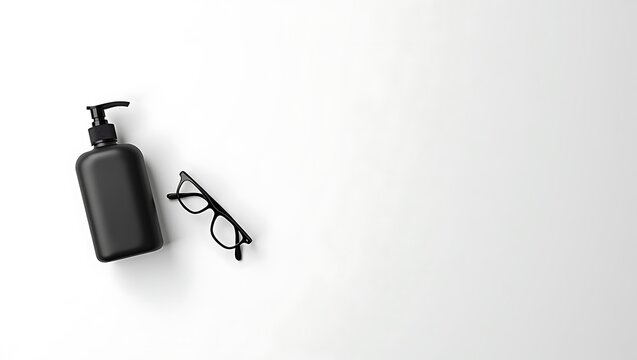 Black cosmetic bottle with pump and glasses isolated on white background