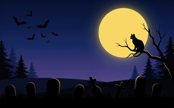 A spooky halloween night scene featuring a black cat sitting on a tree under full moon