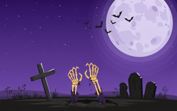 Spooky halloween graveyard scene featuring skeleton hands emerging from the ground under a glowing full moon