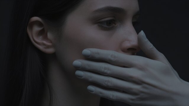 Intimate Portrait of Woman Covered by Gloved Hand in Shadows