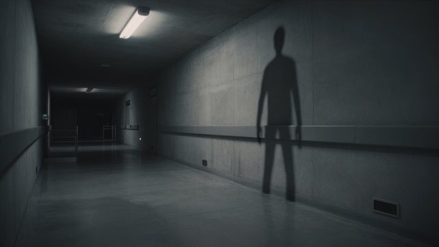 Dark Hallway with Eerie Shadow in Abandoned Building Environment