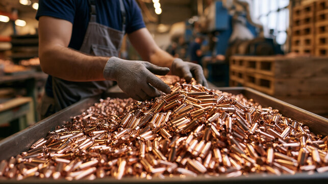 A close-up photograph of a factory worker wearing gloves, sorting and inspecting a large bin filled with a pile of copper bullet casings in an industrial plant.