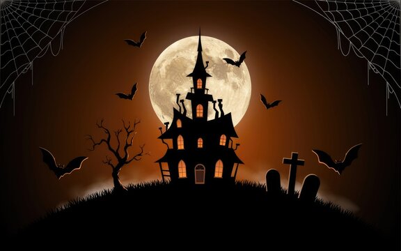 Spooky haunted house silhouette under a glowing full moon for a festive and dark halloween night background