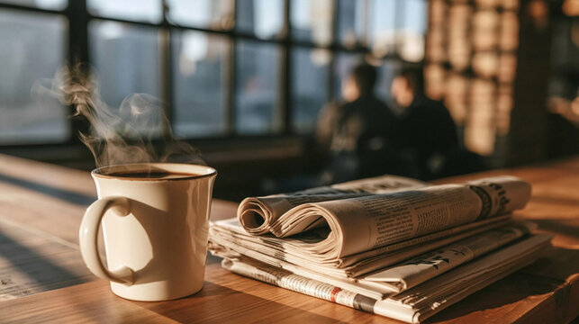 Morning Ritual: A steaming cup of coffee rests beside a stack of newspapers, bathed in the warm, soft light filtering through a window.
