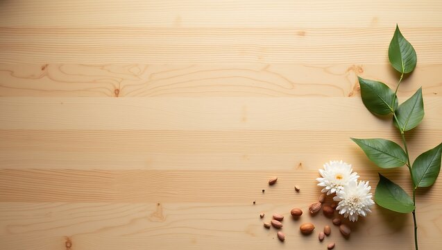 Top view of a wooden table with green leaves, white flowers and nuts