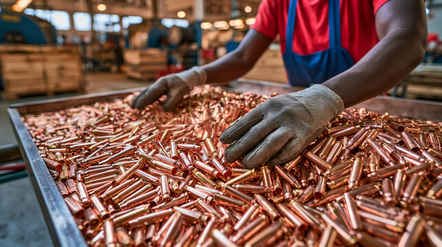 A close-up photograph of a factory worker wearing gloves, sorting and inspecting a large bin filled with a pile of copper bullet casings in an industrial plant.