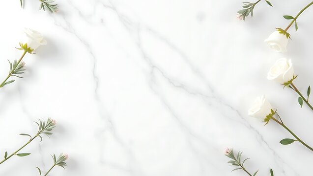 White roses and green leaves arranged on a white marble background
