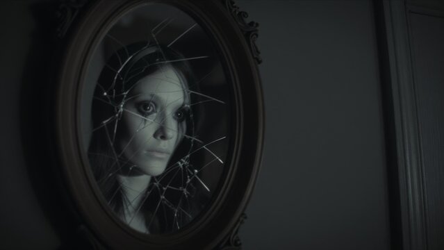 Reflection of a Woman in a Broken Mirror in Dimly Lit Room