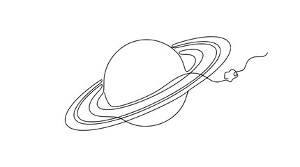 Saturn planet with rings, single line drawing art, isolated on transparent background © Dodo