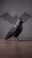 Obraz premium A small black raven figurine standing on a wooden surface with a winged bat shadow projected on the wall behind it to create an eerie atmosphere perfect for celebrating the annual autumn festival
