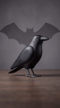 A small black raven figurine standing on a wooden surface with a winged bat shadow projected on the wall behind it to create an eerie atmosphere perfect for celebrating the annual autumn festival