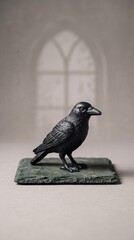 Obraz premium Sturdy cast metal raven figurine standing on top of a heavy dark green slate stone slab with a gothic stone archway visible in the soft shadows creating a mysterious atmosphere for home decor