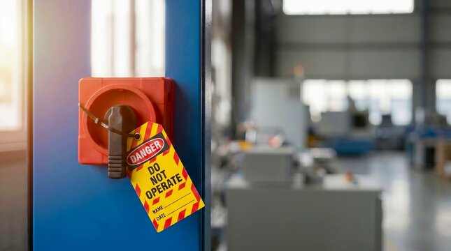 Lockout tagout device on electrical switch in factory, industrial safety procedure