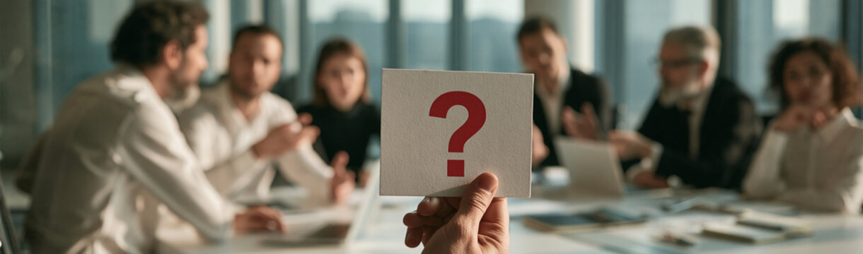 The Question Mark in the Meeting: A hand holds up a question mark card amidst a blurred background of a business meeting, symbolizing uncertainty and the need for answers.