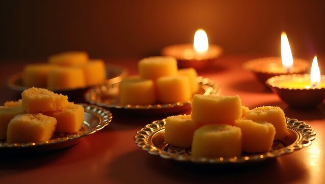Traditional indian sweets served on small plates with lit diyas