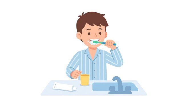 Boy's activities including a young child brushing teeth daily morning routine vector illustration