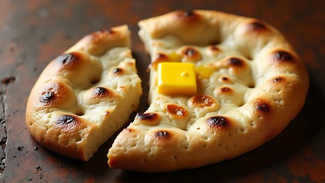 Freshly baked flatbread with a square piece of melting butter on top