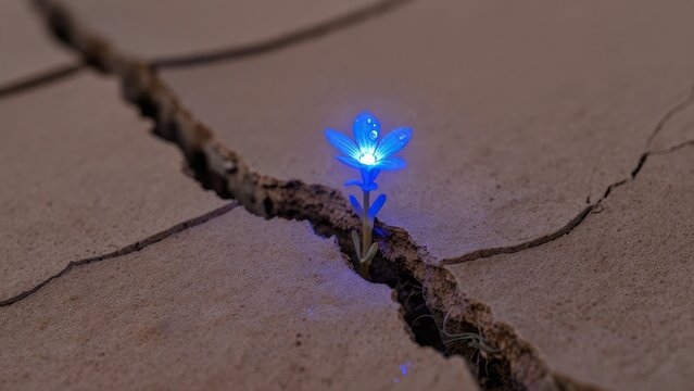 Blue Glowing Flower Emerges from Cracked Soil in Dry Landscape