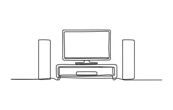 Continuous single line drawing of a television set with speakers on a media stand