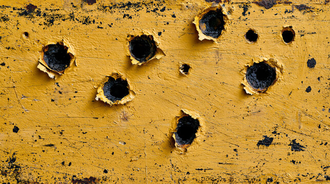 A close-up photograph of a weathered, yellow-painted metal plate pierced by multiple large bullet holes, showing signs of conflict, war, and destruction.