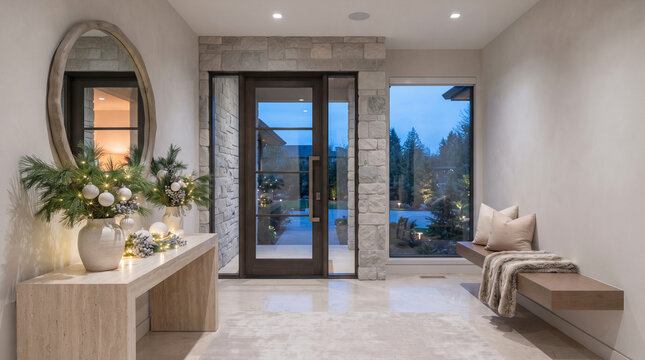 Luxury home entryway with modern design, natural materials, and holiday decor