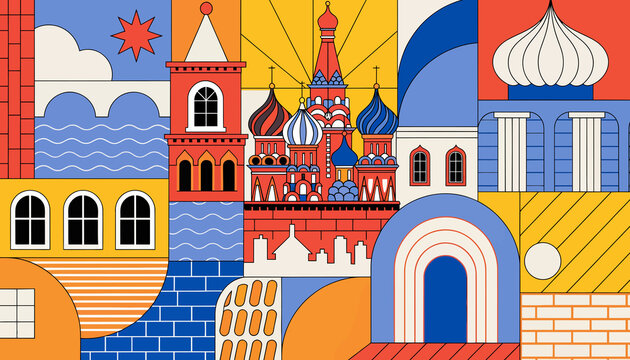 Vibrant Geometric Russian Architecture Collage: Kremlin, Domes, Arches, Windows, Stylized Cityscape