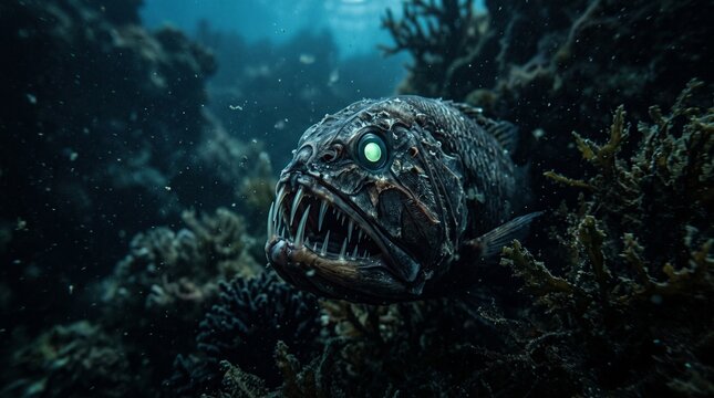 A terrifying deep-sea fish with glowing green eyes and sharp needle-like teeth lurks silently in the dark ocean depths near dark coral reefs.