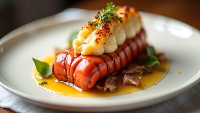 Gourmet grilled lobster tail topped with mashed potatoes and fresh herbs