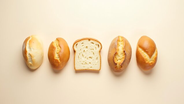 Assortment of fresh baked bread rolls and a slice of bread