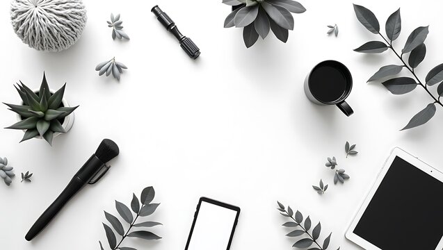 Flat lay of office desk workspace with electronics and plants isolated on white background