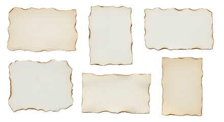Fototapeta premium Set of old burnt paper scraps with rough edges isolated on transparent background