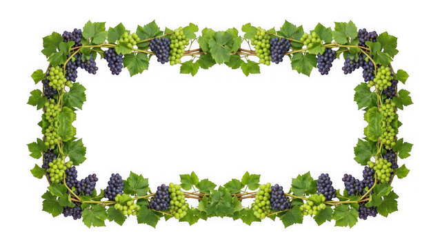 Frame made of fresh green and purple grapes with leaves isolated on transparent background
