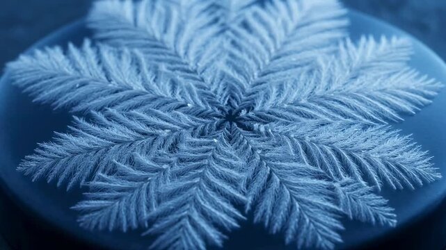 The video showcases a close up view of a delicate, frost like pattern forming on a smooth, circular surface