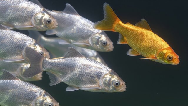 Colorful Goldfish Swimming Among Silver Fish in a Clear Aquarium