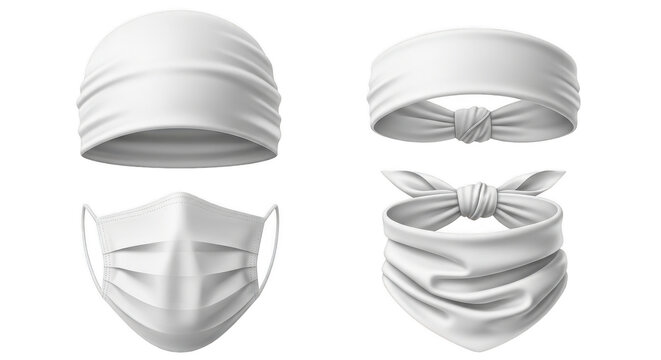 Set of white blank headwear and face mask accessories isolated on transparent background