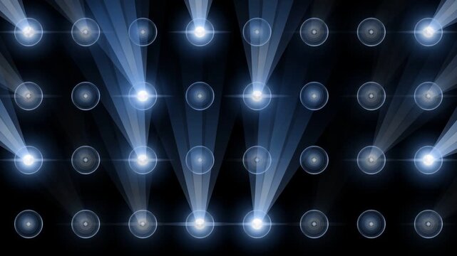A seamless loop of 32 stage spotlights on a transparent backdrop, pulsing blue-white volumetric light beams and lens flares across a 4x8 metallic grid.
