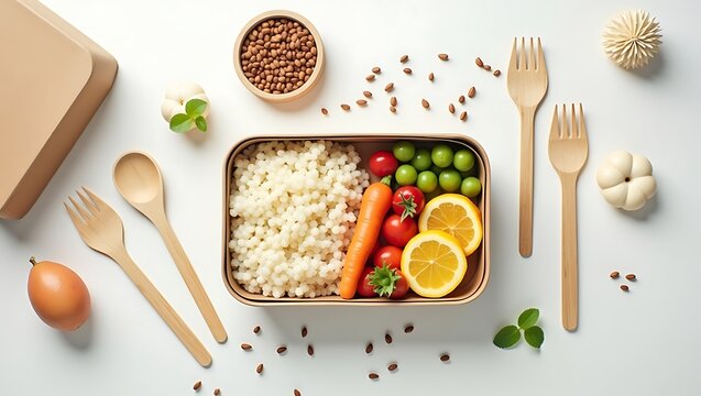 Healthy lunch box with couscous, fresh vegetables, and fruits