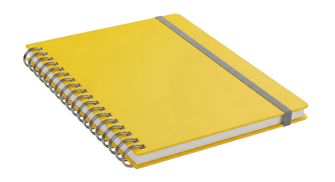 Yellow spiral notebook with elastic band closure isolated on transparent background
