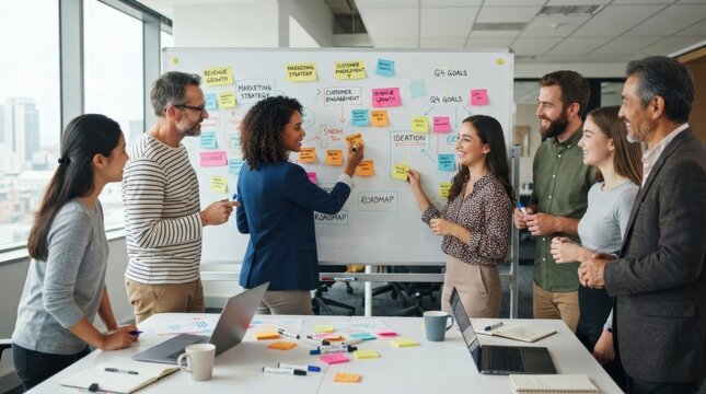 Diverse team brainstorming ideas on a whiteboard in a modern office meeting room.