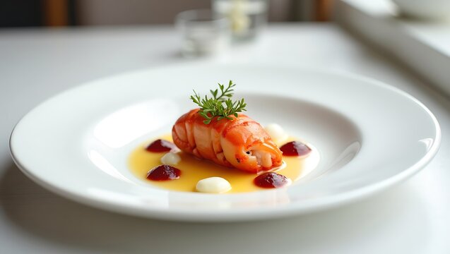 Gourmet lobster tail dish served with sauce and herb garnish