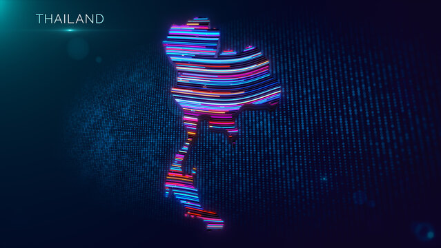 Vibrant Thailand map featuring luminous 3D contours, flowing neon lines, blue particle grids, atmospheric bokeh, and visible country text for a modern futuristic technology presentation.
