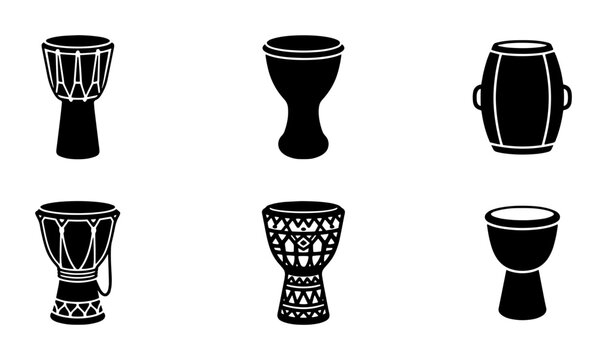 70 African Drum Silhouettes, Tribal Percussion Instruments Collection, Djembe and Conga Icons, Rhythmic Music Symbols, Vector Set 100