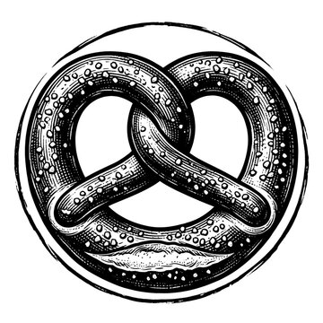 A traditional German pretzel bread snack featuring a classic salty texture is depicted here using an artistic black and grey ink drawing style that displays authentic culinary heritage for menus