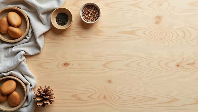Top view of eggs in bowls with spices and pinecone on wooden background