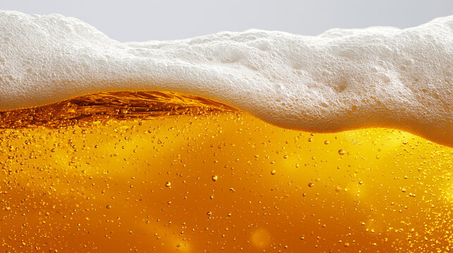 A close-up photograph of golden beer with carbonation bubbles floating upward and a thick, creamy white foam head resting on top.