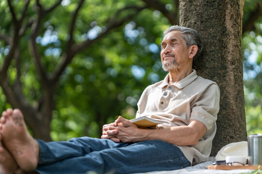 A serene elderly man resting against a tree in public park, concept of the benefits of napping for seniors, which can enhance memory, restore alertness, and improve overall wellbeing