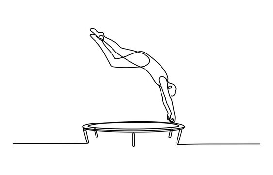 Continuous single line drawing of a gymnast jumping on a trampoline