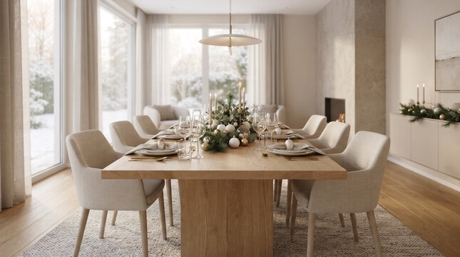 Elegant dining table set for Christmas dinner with festive decor