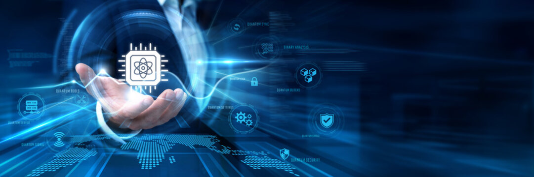 Businessman Hand Hold Quantum Computing and global advanced data networking. Next generation futuristic processing, complex physics algorithmic coding, supercomputer tech